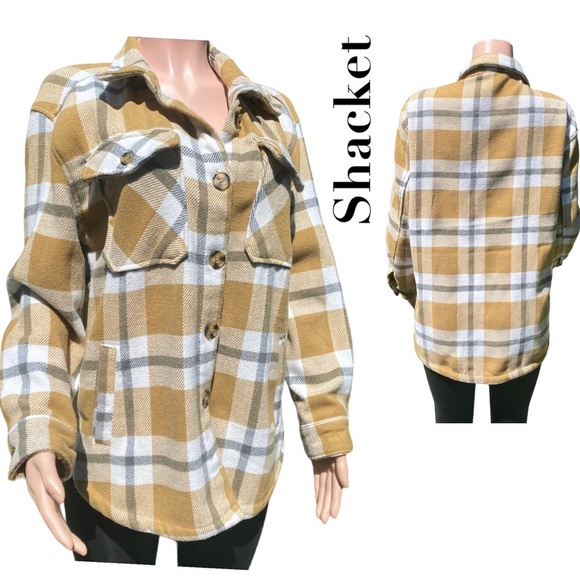 Members Mark Other - Plaid Shacket in Tan, White and Charcoal, Heavy Material, Size Medium